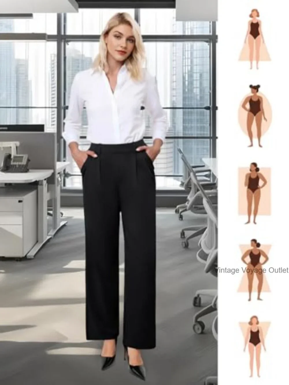 Stretchy High Waisted Wide Leg Work Pants with Pockets Business Casual - Picture 5 of 6